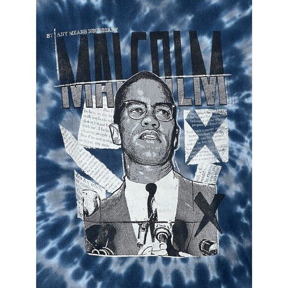 Vintage 90s Malcom X By Any Means Necessary Dont Sell Out T-Shirt Blue Tie Dye M - Picture 7 of 11